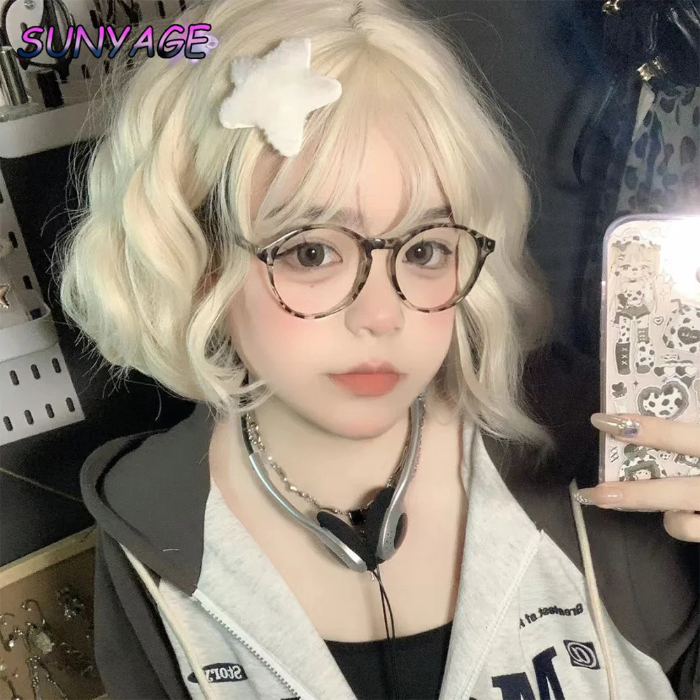 

Синтетический парик Лолиты, короткие вьющиеся волосы, 12 дюймов, сладкий и милый, белое золото, натуральная пушистая шерсть, объемный парик для косплея на всю голову для