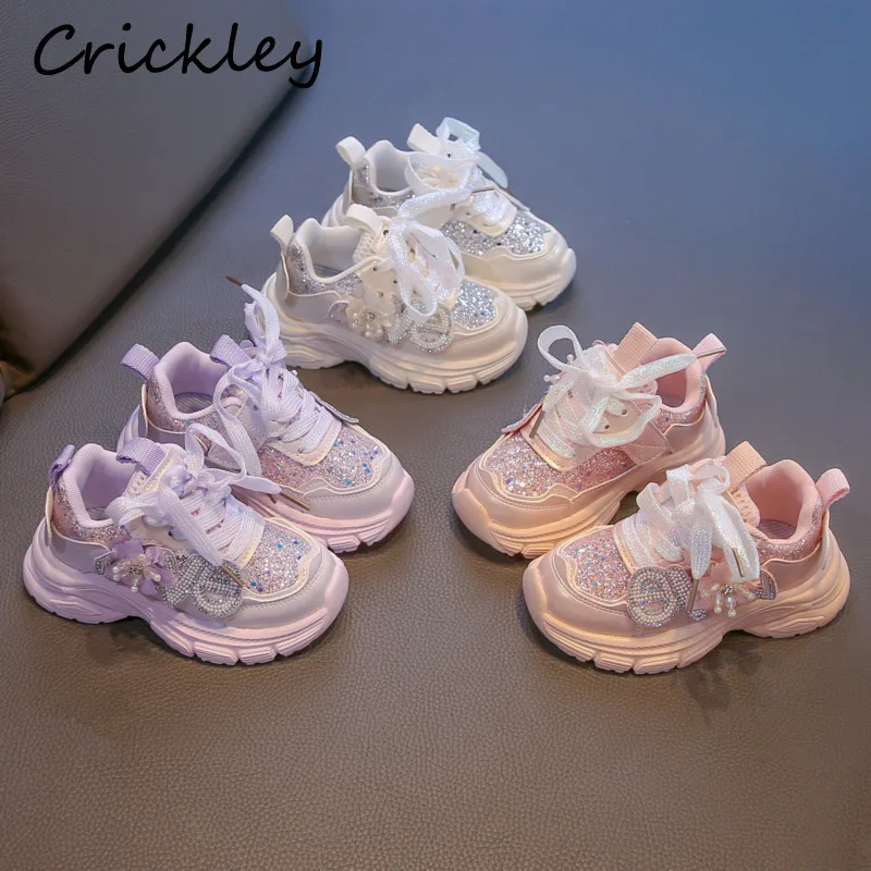 

Princess Bling Girls Sneakers Flowers PU Hook Loop Toddler Children Sport Shoes Fashion Soft Bottom Kids Running Shoes