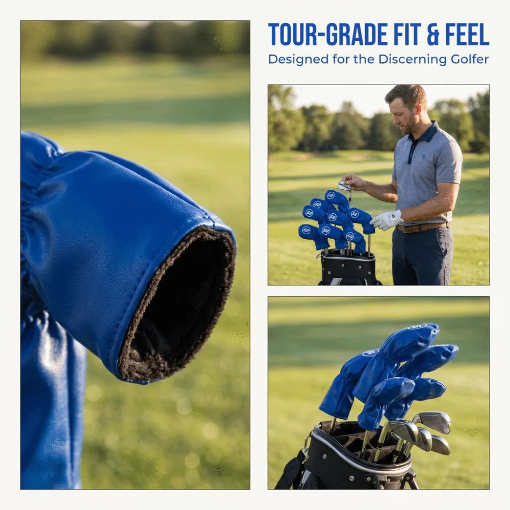 8pcs PU Material Golf Iron Head Covers Lightweight Design Degree Marked Head Cover Set Blue Finish Slip-On Fit Protective Case