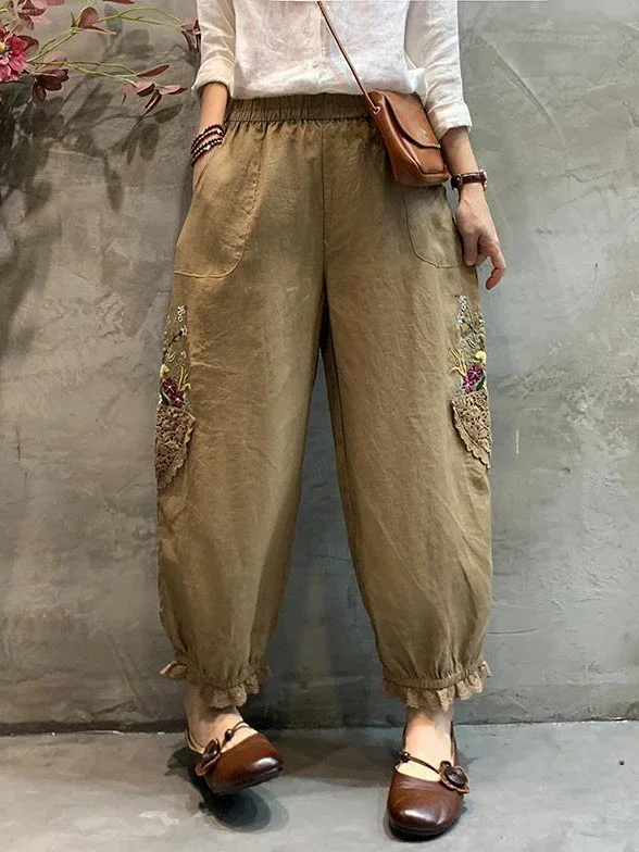 Cotton Linen Pants for Women 2024 Autumn Green Bloomers Capri Pants with Embroidery Harem Trousers High Waist Soft Lantern Pants