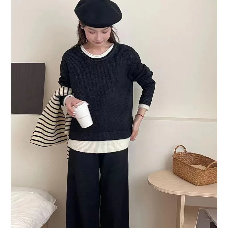 Autumn Winter 2 Pieces Women Sets Knitted Tracksuit Lazy Style Loose Casual Fashion Splicing Sweater Top and Wide Leg Pants Suit