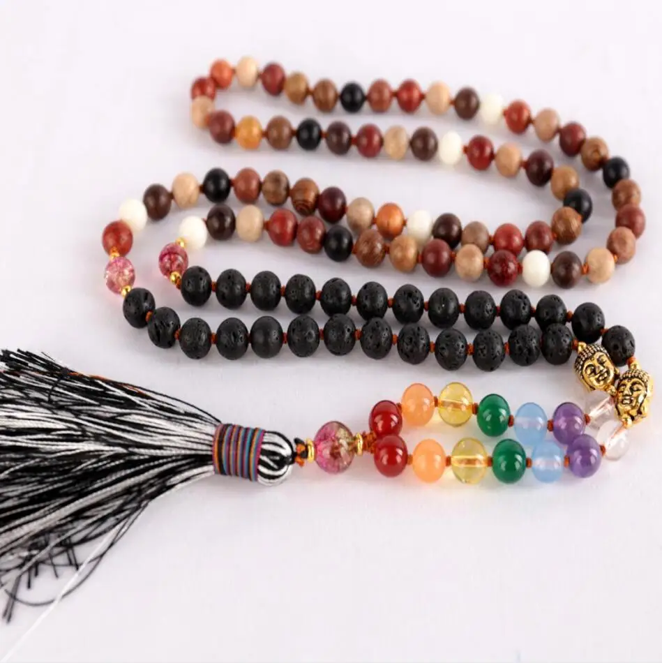 8mm Natural 108 knot lava gold Buddha head 7 chakra Necklace Healing Bridal Bohemian Spiritual Men Wood Fragrant Prayer