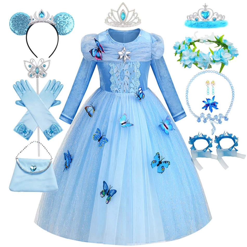 Cinderella Costume for Girls Princess Dress Kids Halloween Carvinal Fancy Party Dresses Children Butterfly Decoration Vestidos 2