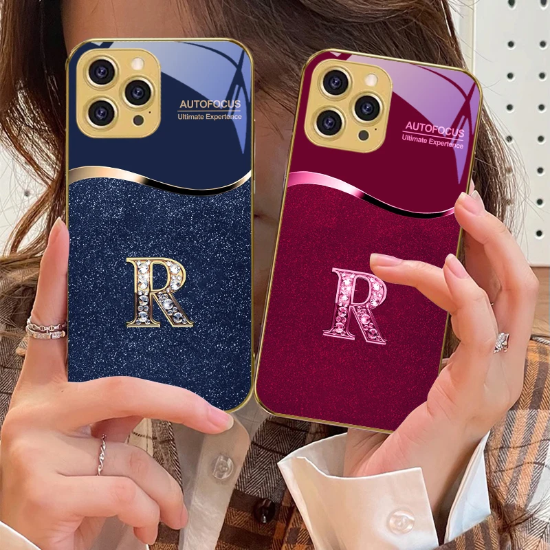

Golden edged letter R For IPhone 16 16Pro Max 15 P ro 14 13 Plus 12 Mini 11Pro Max XS Max XR Golden tempered glass phone case