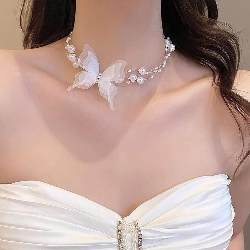 White Butterfly Pearl Choker Necklace For Women Sweet Imitation Pearl Clavicle Chain Neck Necklace Wedding Jewelry Gift