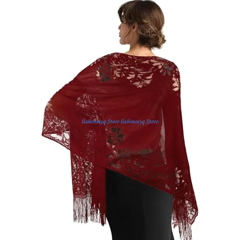 

573B French Styles Lace Shawl With Tassels Hollowout Shoulder Wrap Scarf For Female Travel Vacation and Everyday Wear