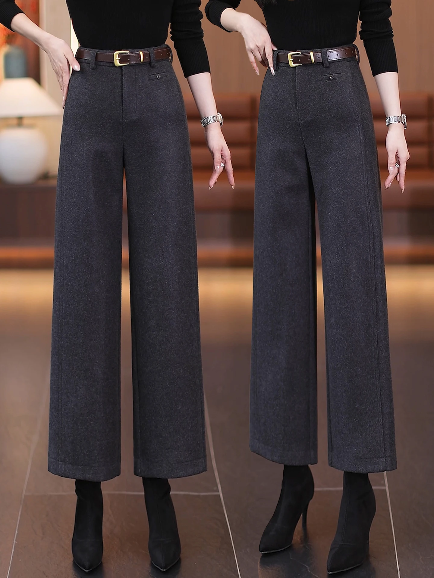 

Slim Wide Leg Woolen Trousers for Women High Waist Straight Cut Casual Pants Autumn Winter Fashion plus Size Stylish Slimming