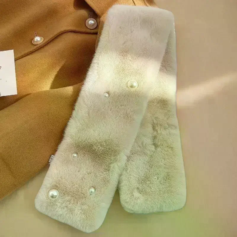 

Женский пушистый шарф с кроличьим мехом, зимний теплый шарф с воротником на шею, шарфы в Корейском стиле для девочек, ветрозащитный жемчужный плюшевый снуд, шейный платок