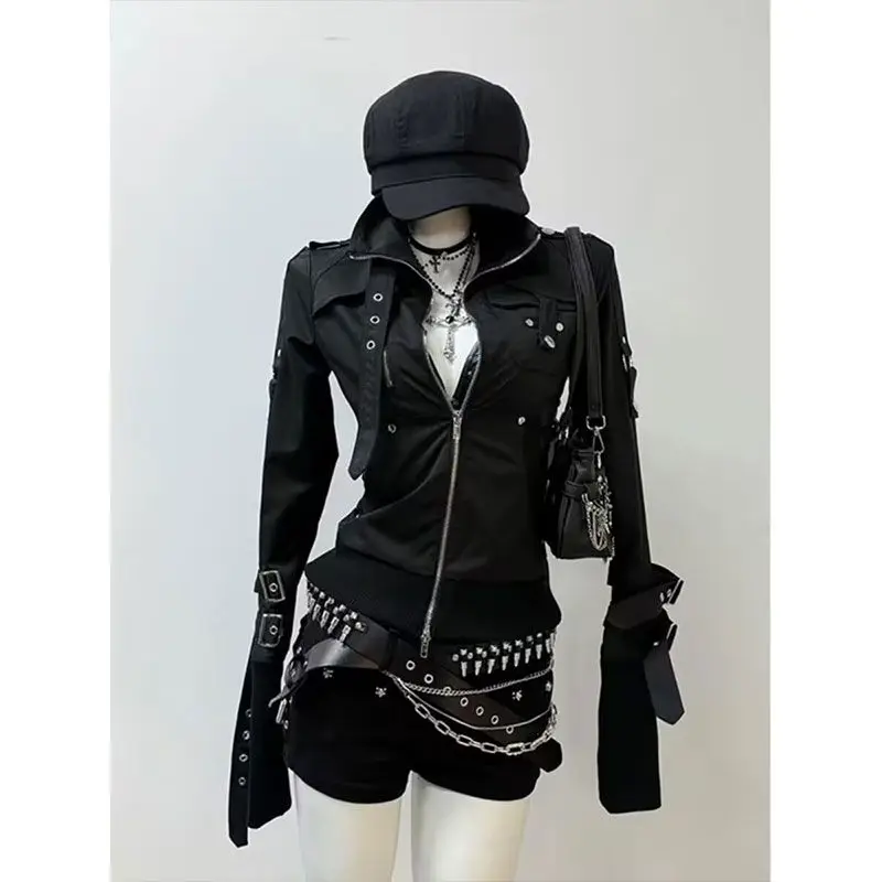 

Y2K Aesthetic Grunge Subcultural American Streetwear Punk Bomber Jacket Women Black Coat Hoodies Casual Tops 2025
