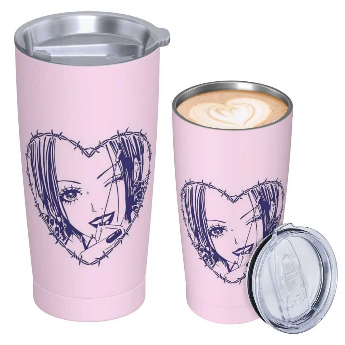 Vaso Térmico de Acero Inoxidable Nana Osaki con Diseño de Corazón de Alambre de Púas, Aislamiento al Vacío, con Tapa y Pajita, 20oz