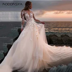 RODDRSYA abito da sposa A maniche lunghe per donna Illusion Tulle Beach Lace Appliqued Bride Dress Light Champagne personalizzato una linea Abito da sposa a maniche lunghe per donne Illusion Tulle Spiaggia pizzo applic