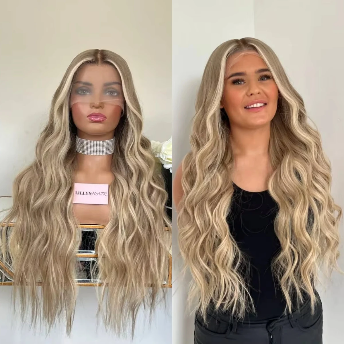 

Роскошные волосы Длинные глубокие волны Бесклеевые парики Синтетические волосы Мелирование Медовый блондин Передние парики шнурка Повседневное использование Премиум-волокно