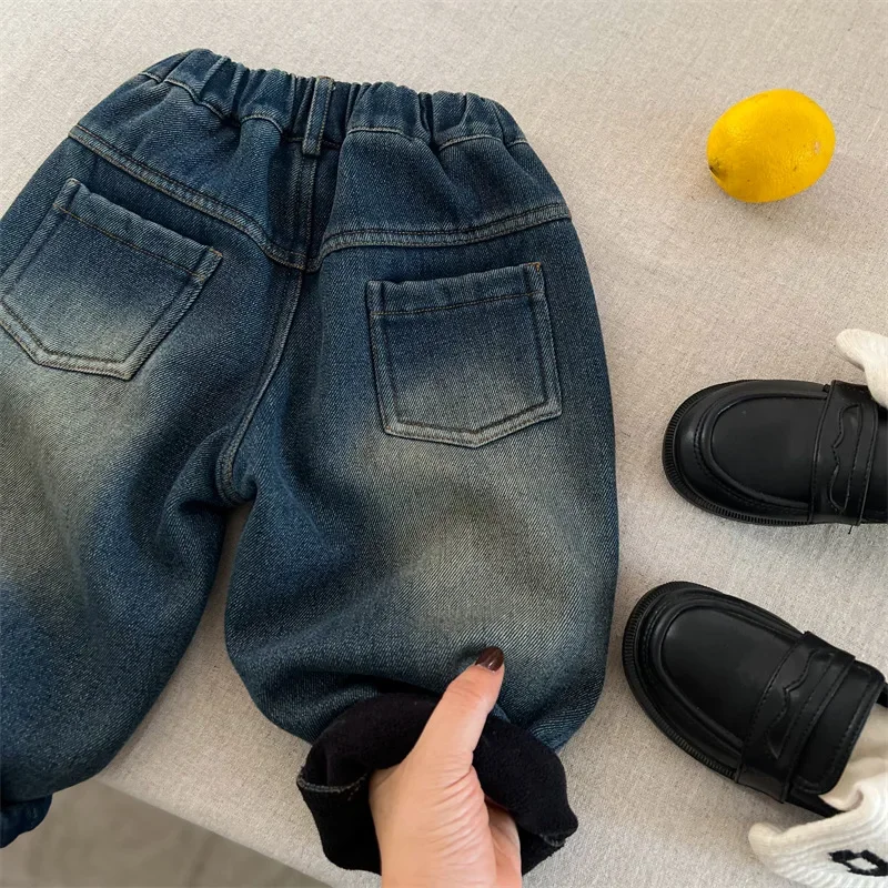 Children's trousers 2024 winter new boys and girls thickened tooling jeans baby personalized casual pants