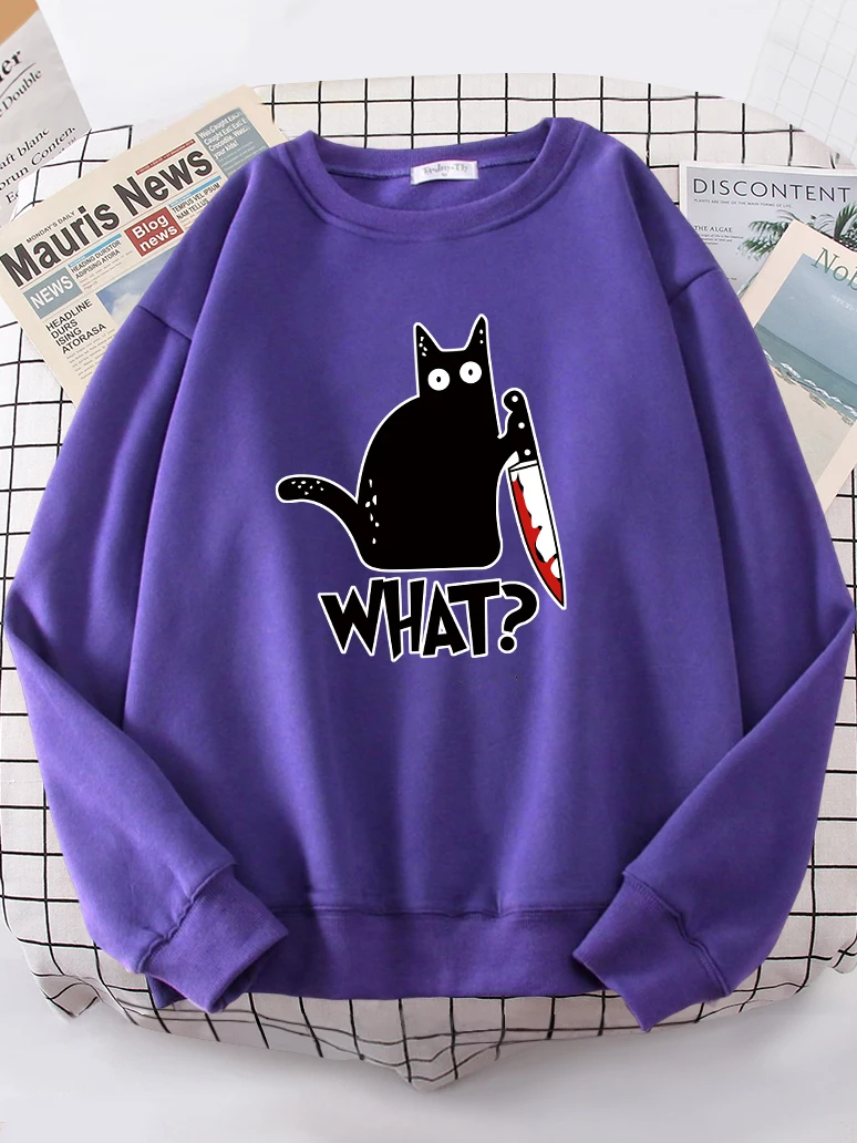 Kitchen Knife Black Cat Wha? Women Sweatshirt Harajuku Casual Hoody Fashion Loose Hoodie Soft Warm vintage Fleece Female Tops