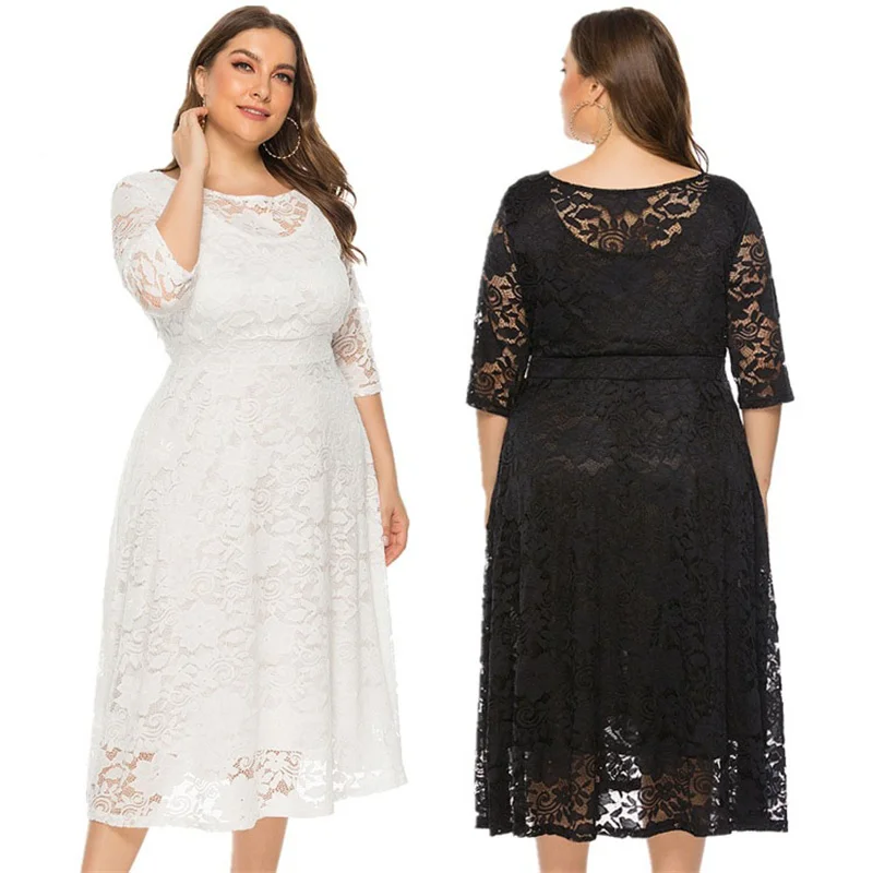 Elegancka druhna Plus Size sukienki z okrągłym dekoltem damska koronka sukienka luźna damska suknia wieczorowa wiosna lato