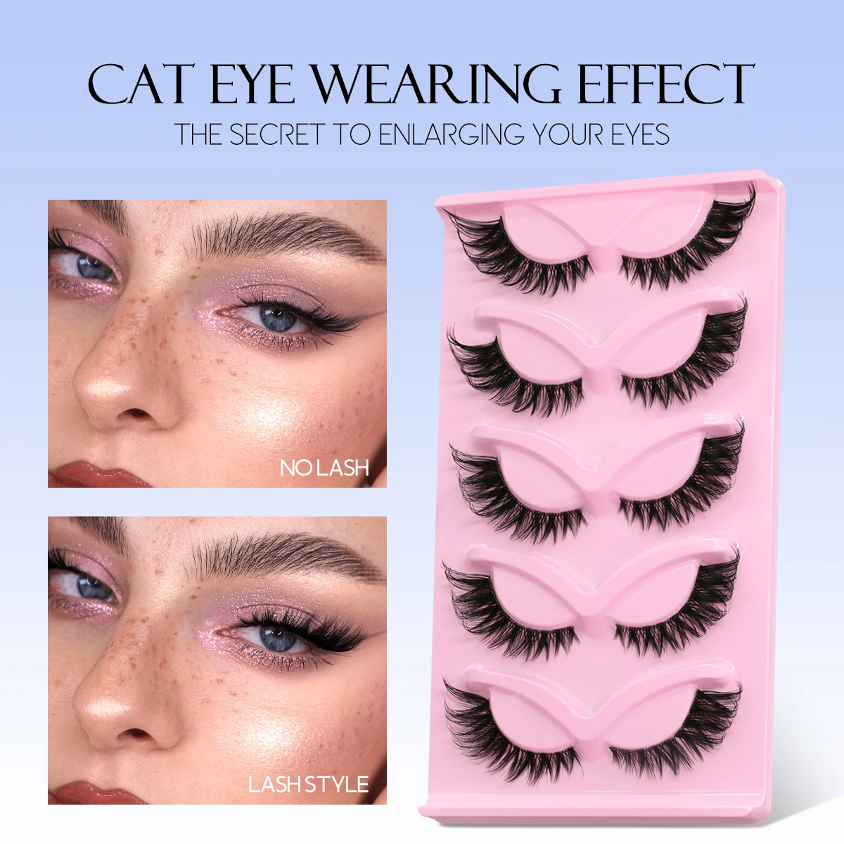 GROINNEYA Ciglia Cat Eye 5 paia Ciglia finte naturali Ciglia a fascia trasparente Ciglia naturali lunghe con estremità alate Ciglia allungate Trucco