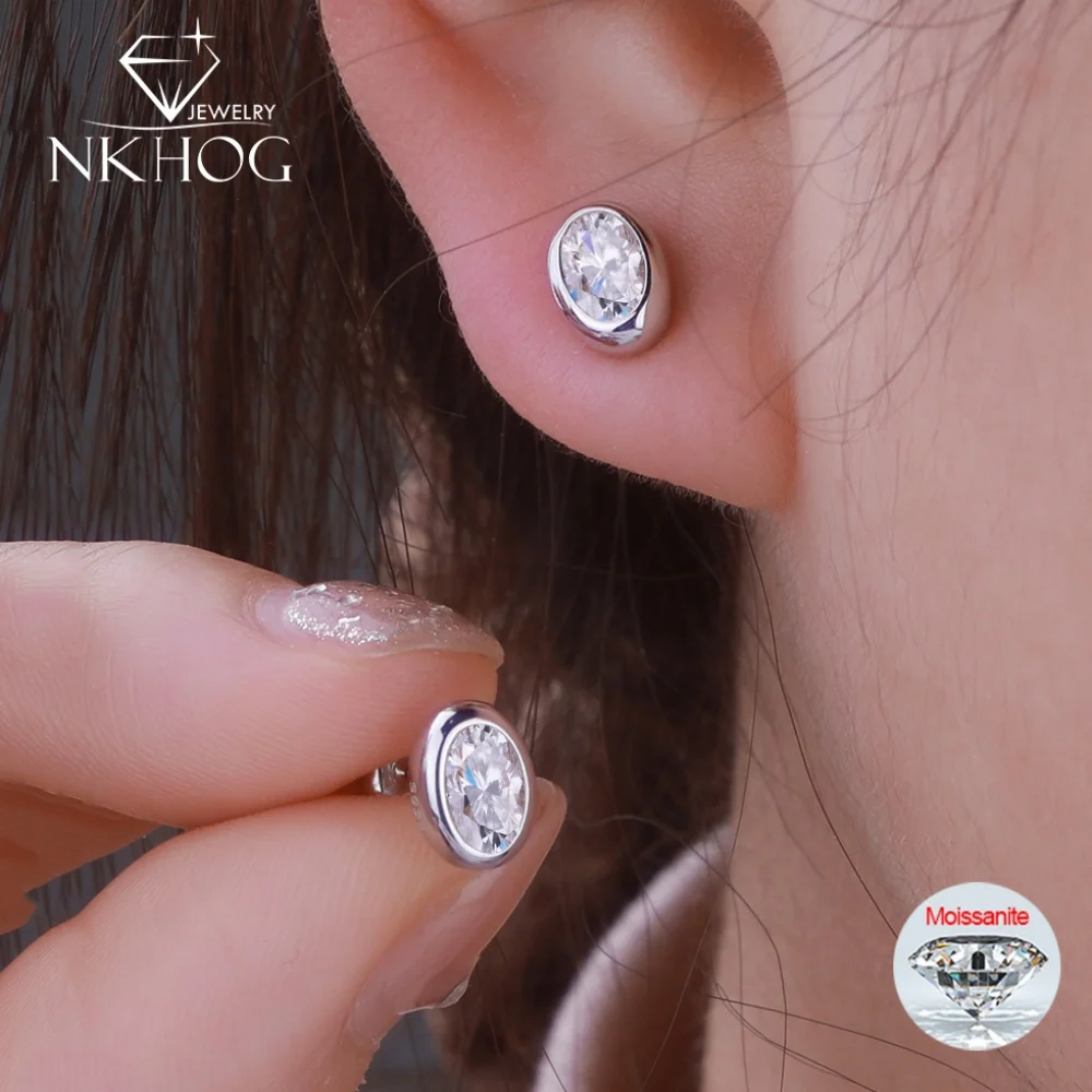 

NKHOG Oval Moissanite Bezel Setting Stud Earrings For Women S925 Silver 0.5CT Lab Diamond Wedding Ear Studs 18K Plated Jewelry