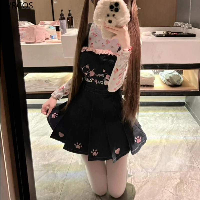 Sweet Lolita Style Skirt Set Women Kawaii Cartoon Print Long Sleeve T-shirts Bear Denim Suspender Skirts Suits Y2k Korean Sets