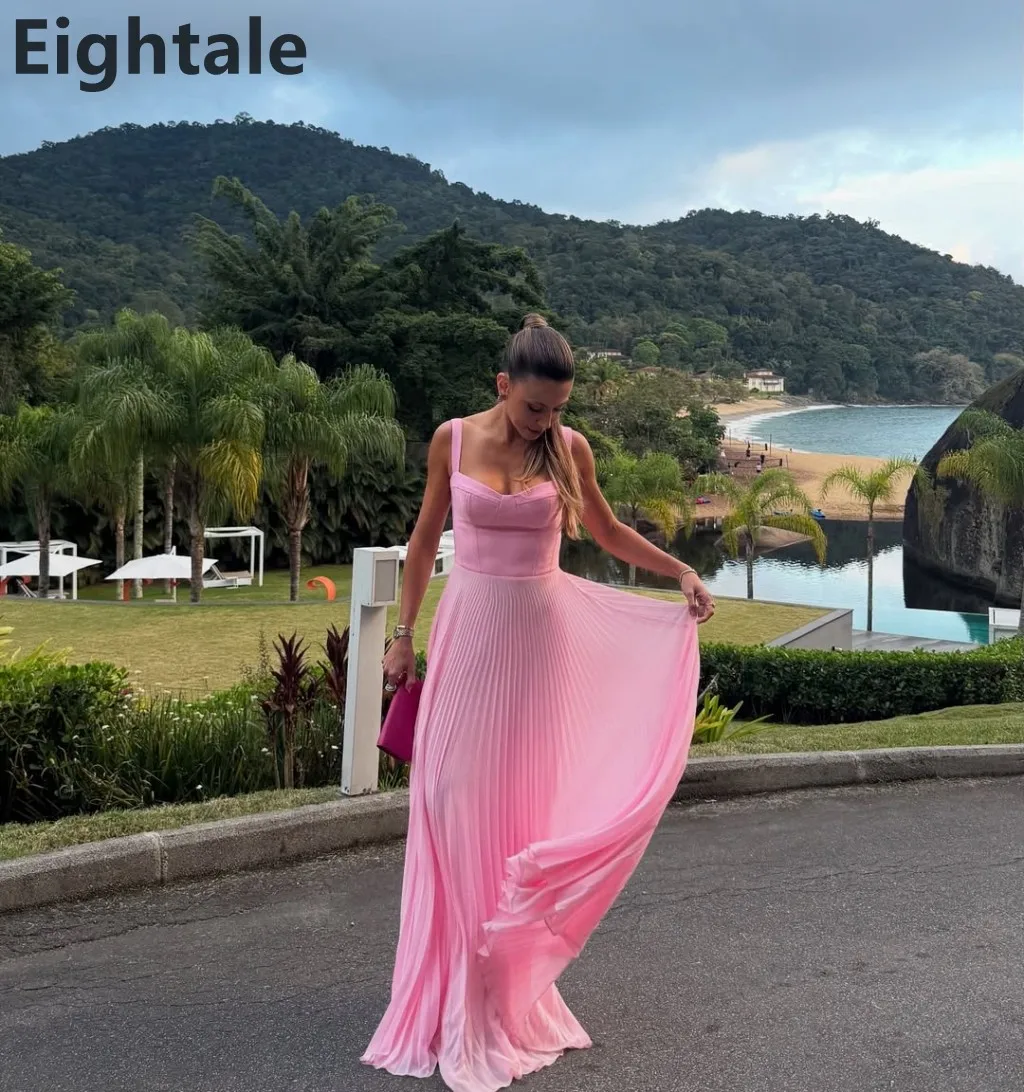 에이타일 2025 핑크 A라인 쉬폰 맥시 이브닝 드레스 스파게티 스트랩 사우디 아라비아 프롬 드레스 두바이 파티 가운 맞춤 제작