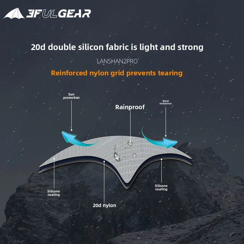 3F UL GEAR Blue Mountain 2pro Double-Person Ultra-Light 20D Double-sided Silicon-coated poleless Tent is windproof and rainproof view 4