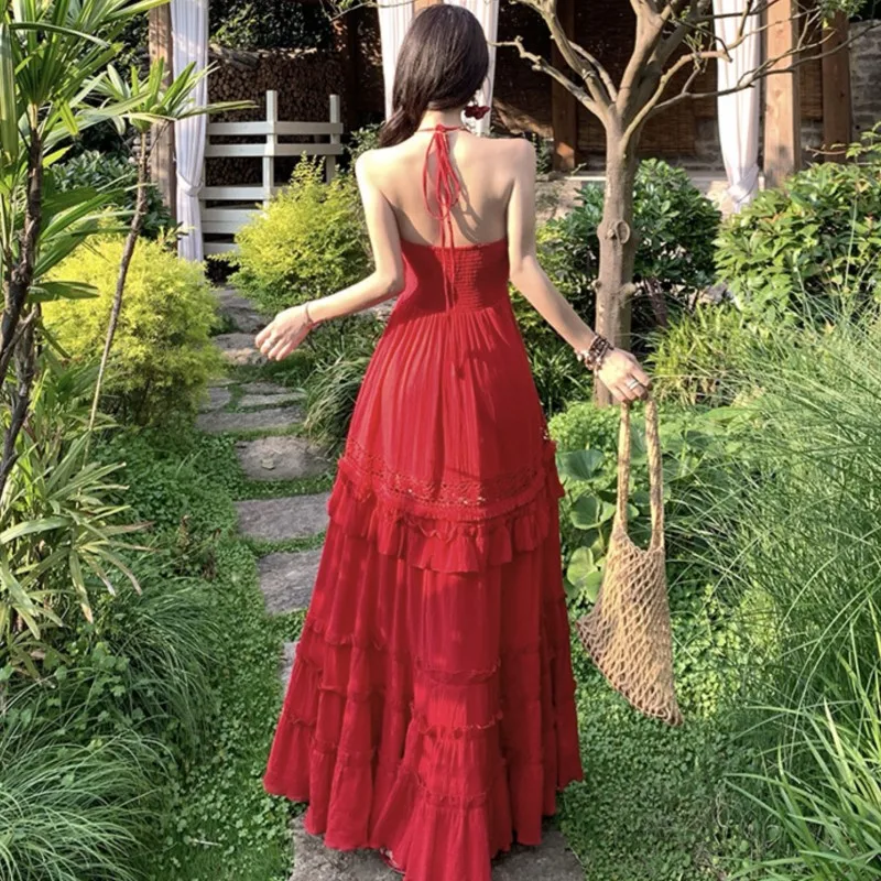 2025 French Retro Red Long Dress V-neck Halter Dress Women Summer Sexy Backless Cake Dresses Casual Boho Beach Holiday Dress
