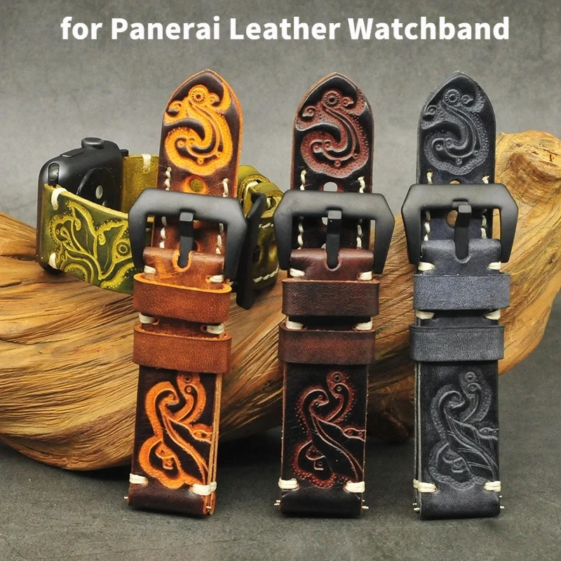 الجلود حزام الساعات لبانيراي 18 مللي متر 20 مللي متر 22 مللي متر 24 مللي متر خمر نحت الرجال حزام ساعة اليد اليدوية مخيط تنقش الأسود اكسسوارات #3