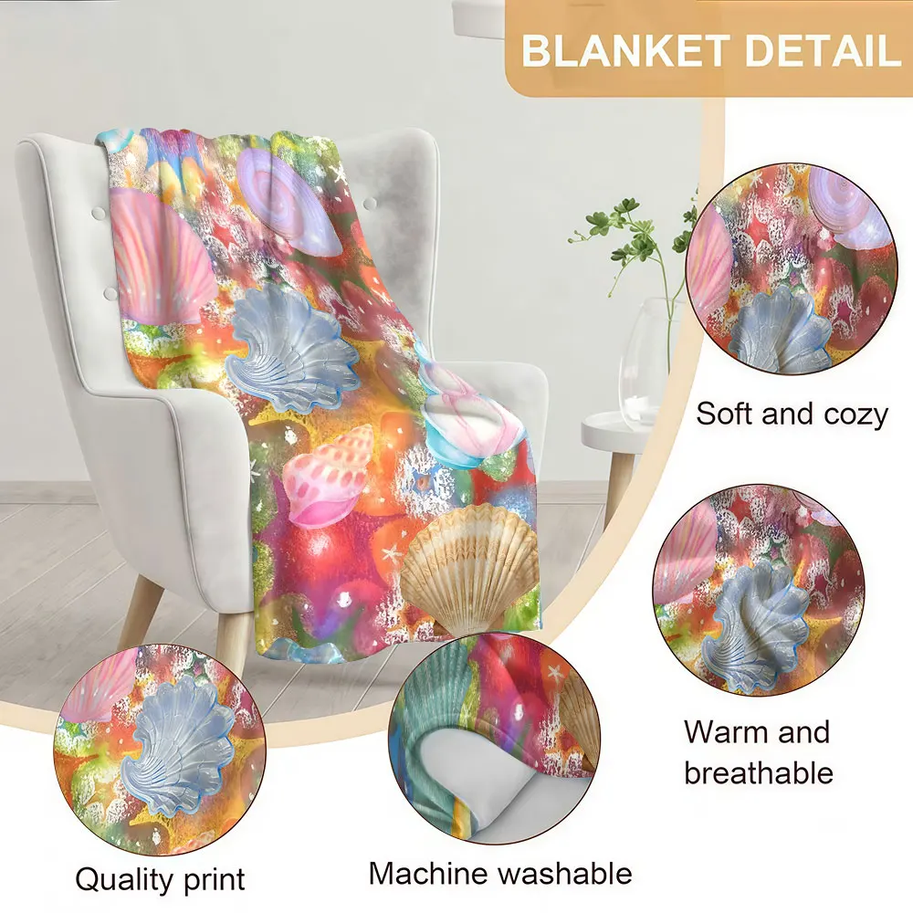 Colorful Seashell Collage Soft Warm Flannel Blanket Lightweight Cozy Christmas Halloween Home Decor Room