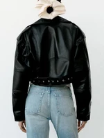 Ailegogo Spring Autumn Women Faux Pu Leather Short Jacket with Belt Motorcycle Biker Female Zipper Lapel Loose Coat Outwear 5