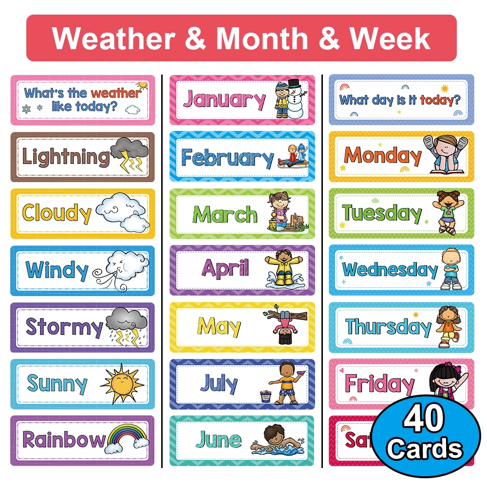 

40Cards Weather & Season & Month & Week English Learning Education Cards Learning Toy for kid Preschool Classroom Decoration