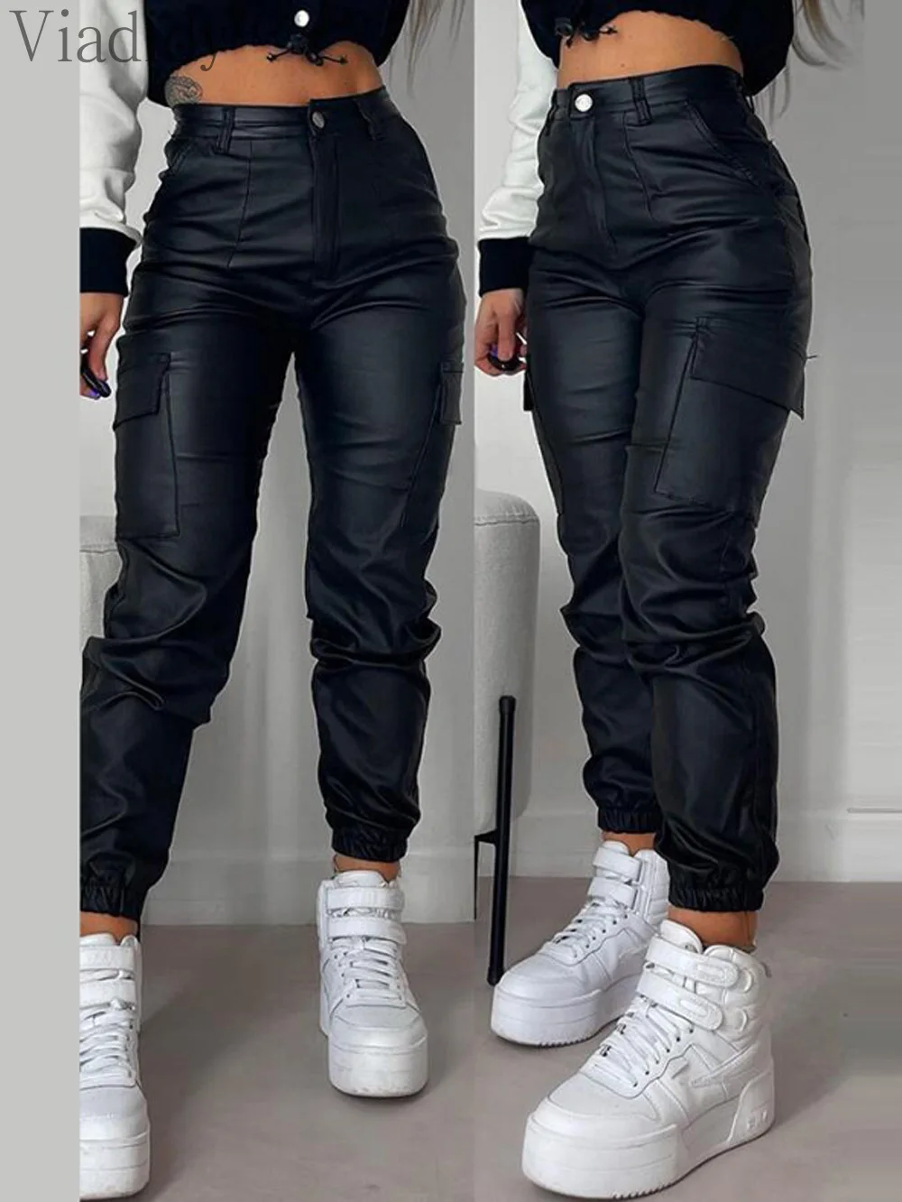 

Women Casual Solid Color Pocket Design PU Faux Leather High Waist Pants