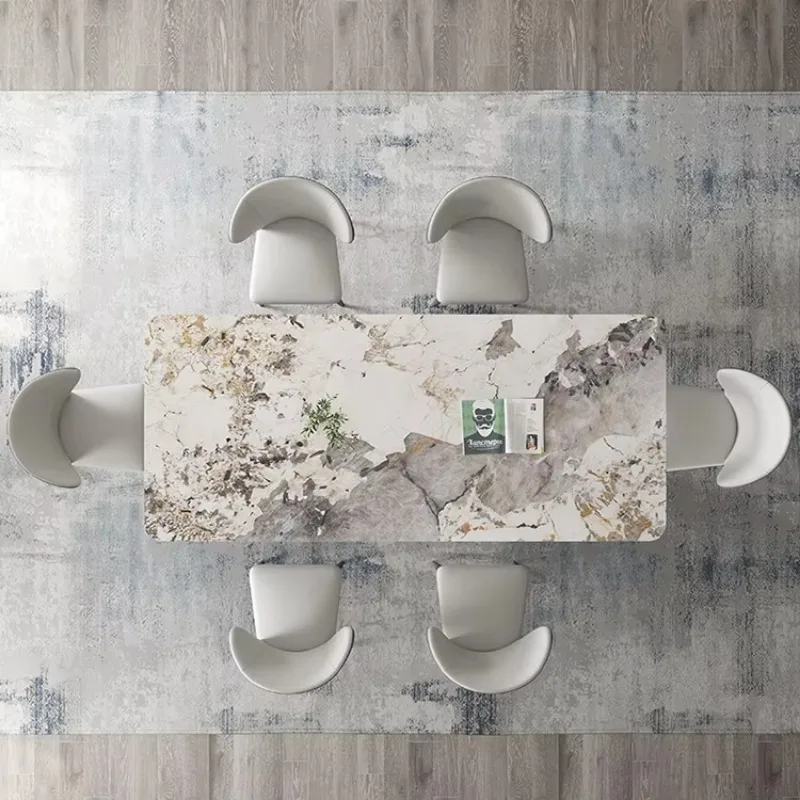 Luxury Modern Rectangular Stone Dining Table with Marble Grain, Rotatable Design Stainless Steel Base Household Dining Furniture
