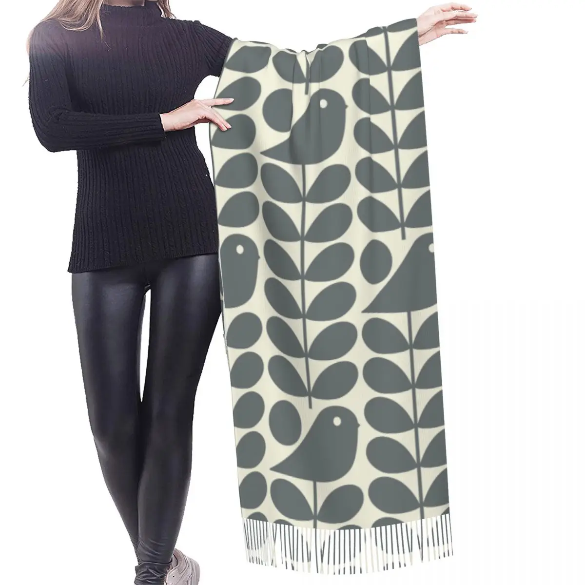 Custom Orla Kiely Early Bird Cool Grey Scarf Wrap for Women Long Winter Fall Warm Tassel Shawl Unisex Scarves