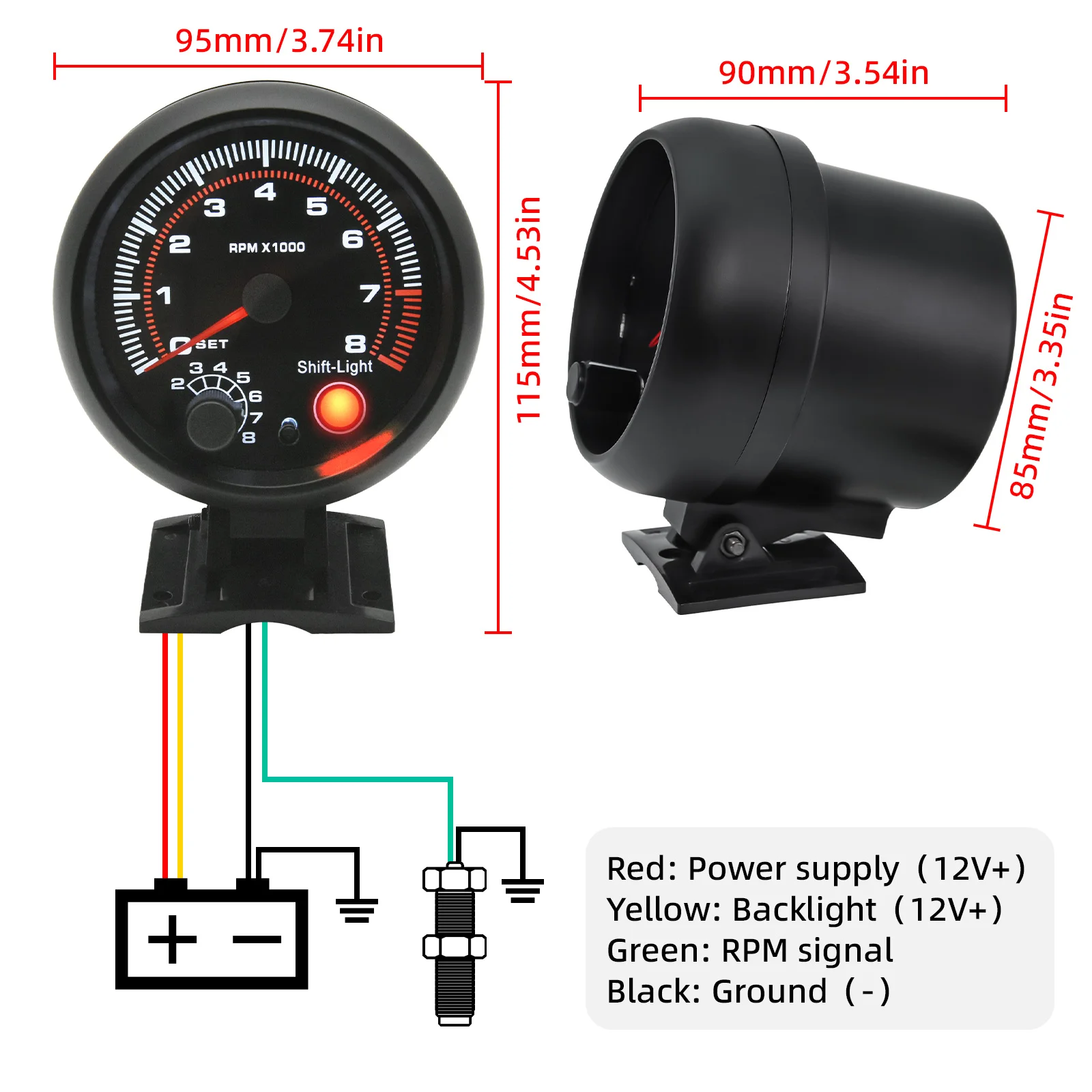 New 0-8000 RPM Tachometer with Red Shift Light 95mm 3.75 inch Black Tachometer White LED Auto Tacho Gauge For 12V Car