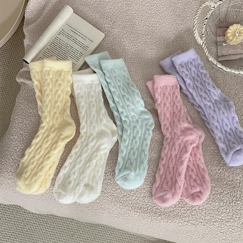 Autumn Winter Women Socks Lolita Solid Color Sweet Girl Kawaii Socks Women Thick Warm Homewear Floor Thermal Sleeping Socks