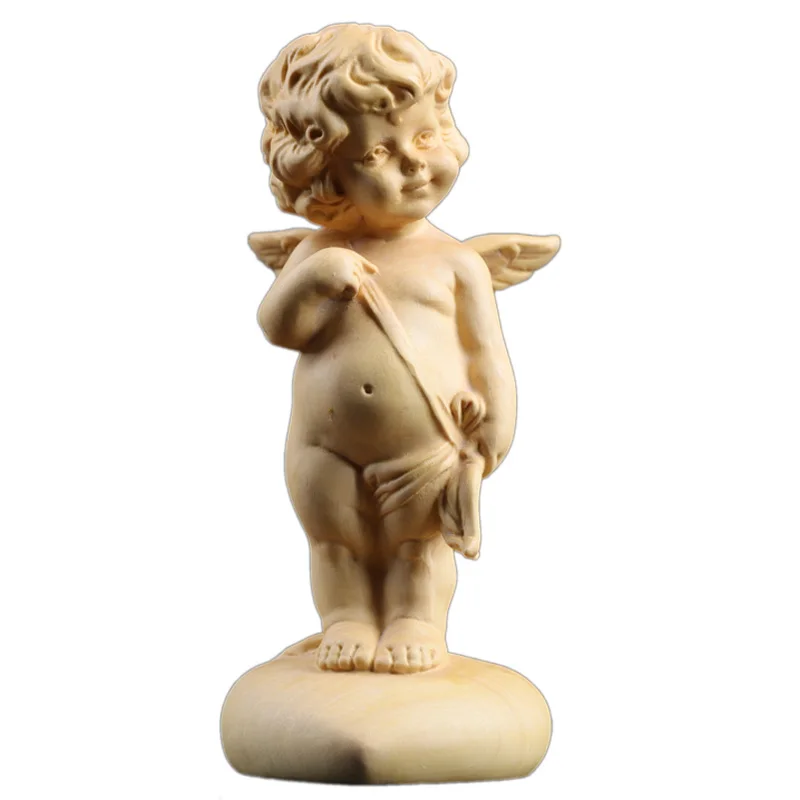 Handcrafted Wood Sculpture, Enchanting Cupid, The Love God, the Holy Messenger Angel in Solid Wood, A Centerpiece of Romance