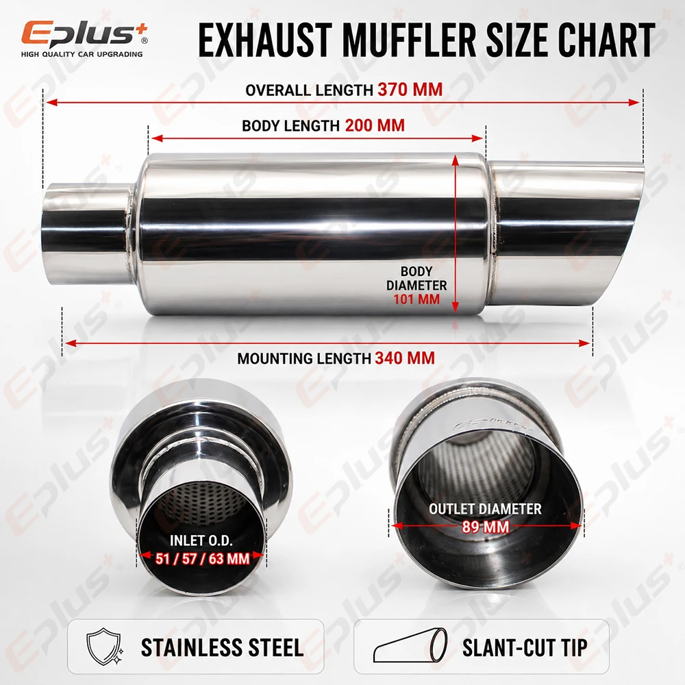EPLUS Universal Car&Motorcycle Stainless Steel Exhaust Muffler Slant Cut Tip Car Exhaust Resonator 51/57/63mm Inlet