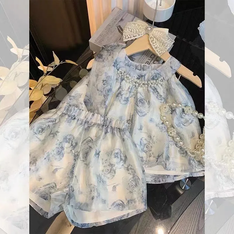 Baby Girl Clothes Suit Girls Suit Summer New Children Style French Sleeveless Top Female Treasure Shorts Fashion Two-piece Set