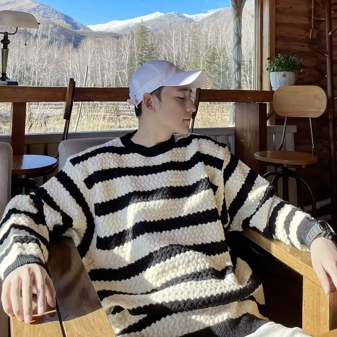 

Thiened Large Size 300 Level Japanese Harajuku Striped Color Blo Men's Knitted Sweater Autumn Winter Baseball Collar Long...