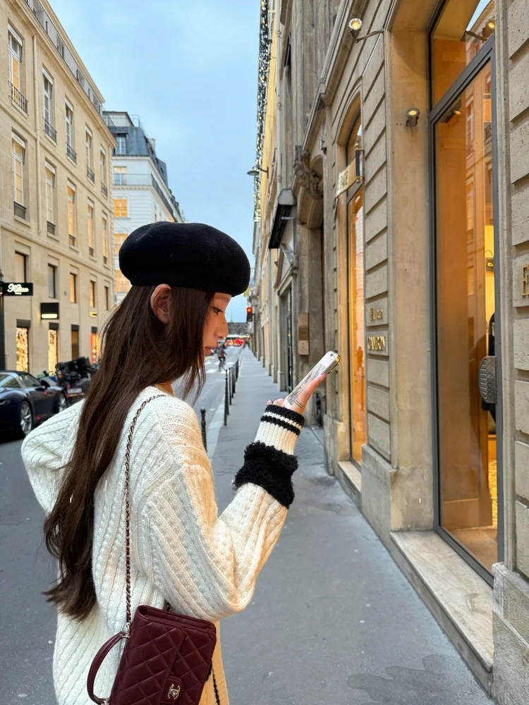 

Loose V-Neck Wool Knitted Sweater Women's Lazy Style Color Block Fur Sleeve College Style Knitwear Winter Thick Long Sleeve