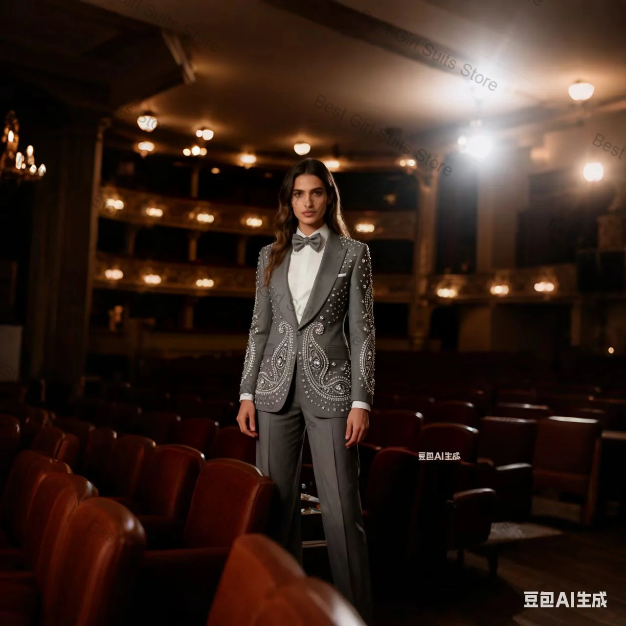 

Grey Crystals Women Suit Set 2 Piece Blazer+Pants Trousers Cotton Formal Office Lady Jacket Customized Prom Wedding Coat