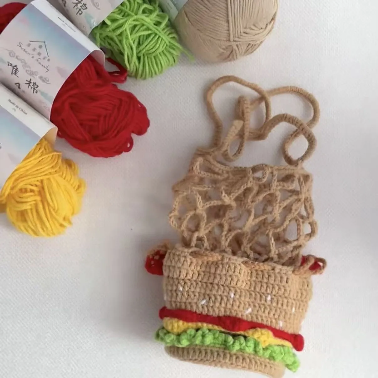 Handmade Hamburger Crochet Bottle Holder - Cute Knitted Mesh Bag for Water Bottles & Phones