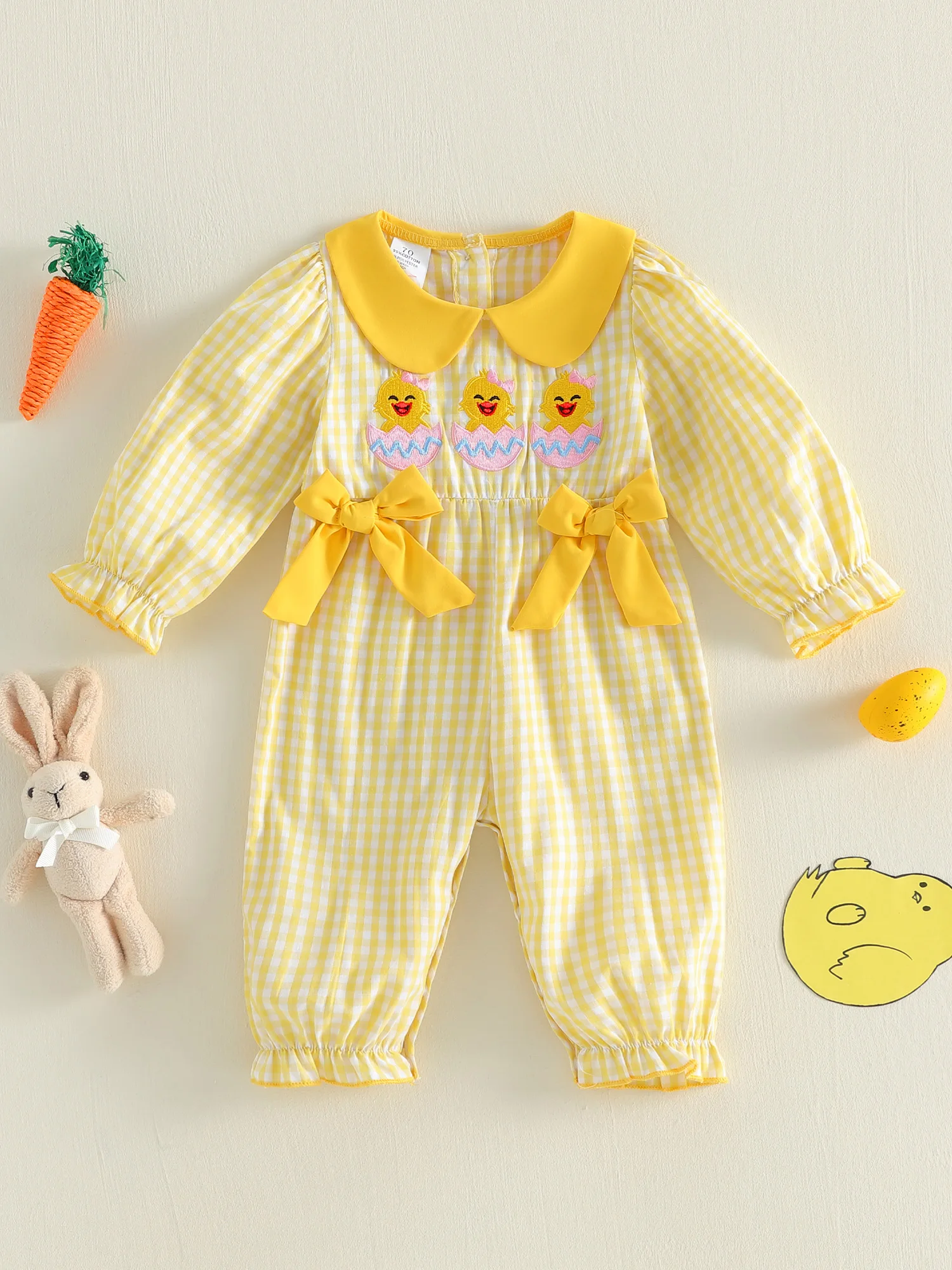 

Toddler Easter Bunny Print Romper Long Sleeve Doll Collar Jumpsuit with Ruffle Trim and Bow Detail