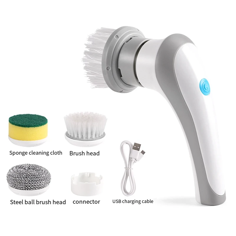 Scrubber elettrico con 3 spazzole sostituibili bianco e grigio per la cucina della vasca da bagno del bagno