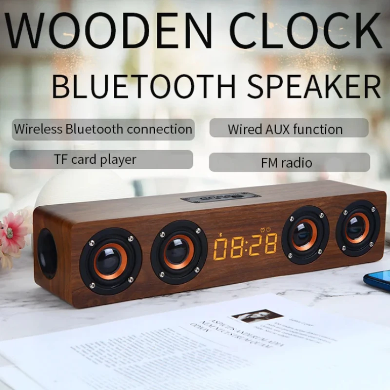 

Retro Wooden Sound Bar Speaker 20W HIFI Stereo Subwoofer Music Speaker LED Display Clock Bluetooth Speaker with FM Alarm Clock