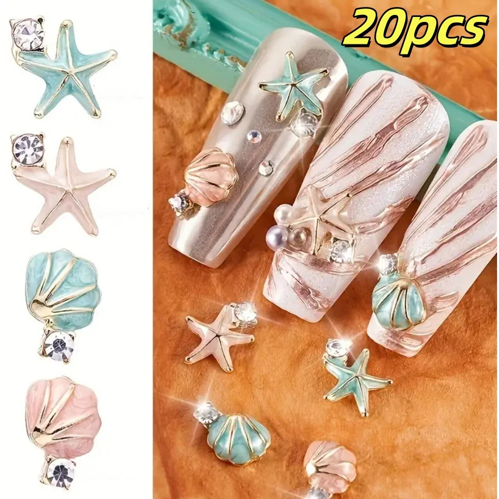 20 Stück 3D-Nagelkunst-Charms mit Seestern/Muscheln und Strasssteinen, Emaille-Nagelzubehör mit Ozean-Motiv für DIY-Maniküre-Dekorationen *