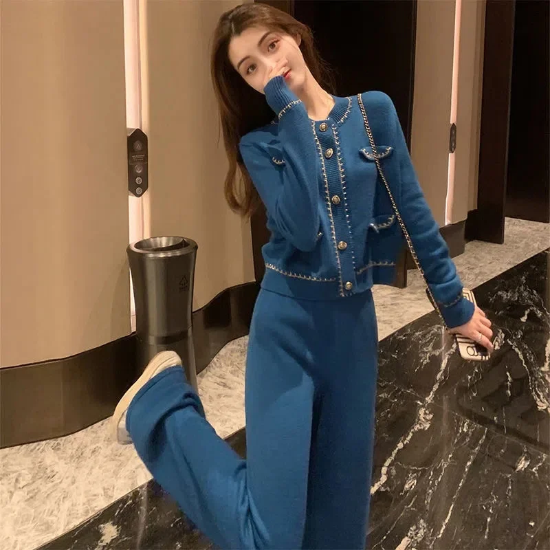 Korean Elegant Knitted Two Piece Pant Sets Women New Autumn Winter Long Sleeve Cardigan Wide Leg Pants Fashion Stylish Pant Sets