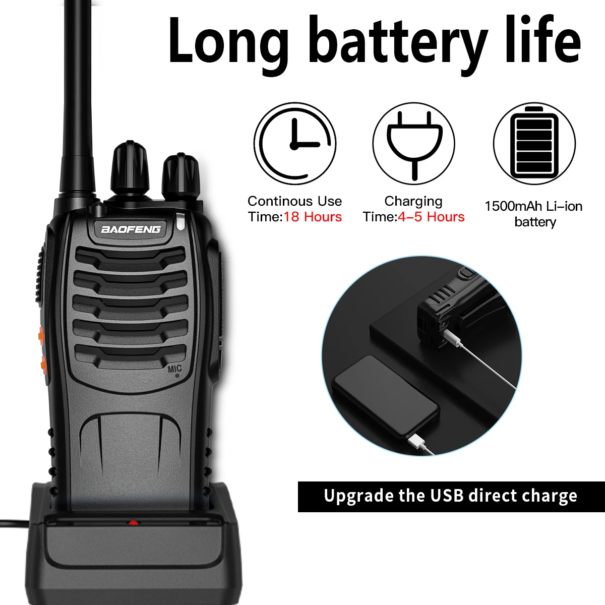 2PCS Baofeng BF-888S Plus Original Handheld Walkie-Talkie 3-5km Long Range Standby UHF 400-470MHz Portable Wireless Ham CB Radio
