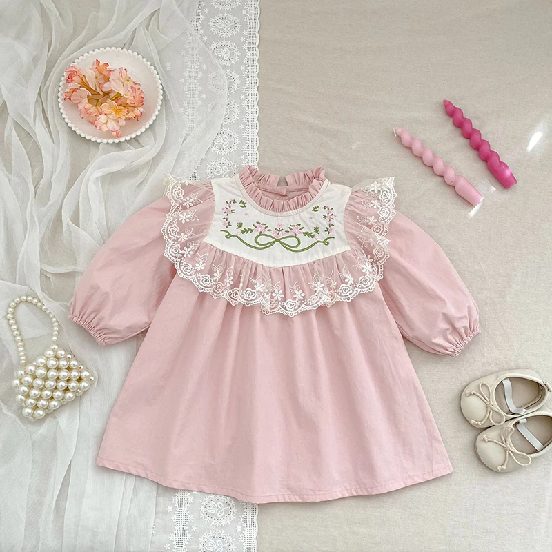 2026 ربيع جديد 2-6 سنوات الأطفال ملابس قطنية الاطفال فساتين الأميرة بأكمام طويلة لصق التطريز طفلة فستان حفلة حلوة #4