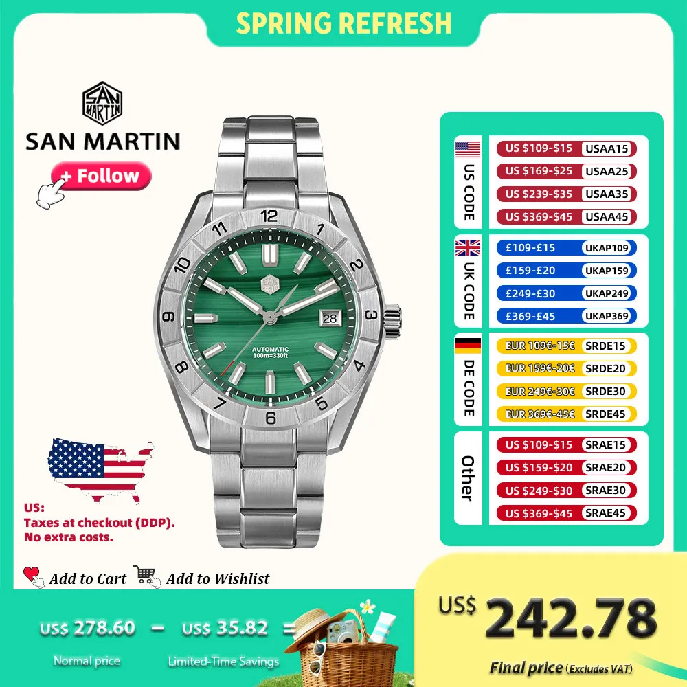 

San Martin 42mm Luxury Men Watch Green Malachite Dial Stainless Steel Mechanical wristwatch Sapphire Waterproof 10Bar SN0130G-B
