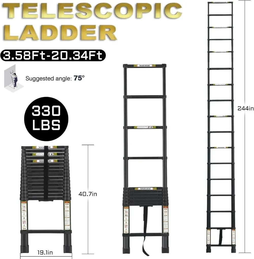 Escalera de extensión, escalera telescópica de aluminio RIKADE de 20,3 pies con pies antideslizantes, escalera telescópica portátil para el hogar